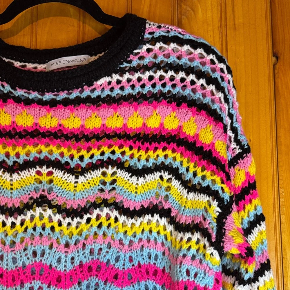Miss Sparkling Colorful Striped Crocheted Women's Crew Neck Sweater - Picture 8 of 9